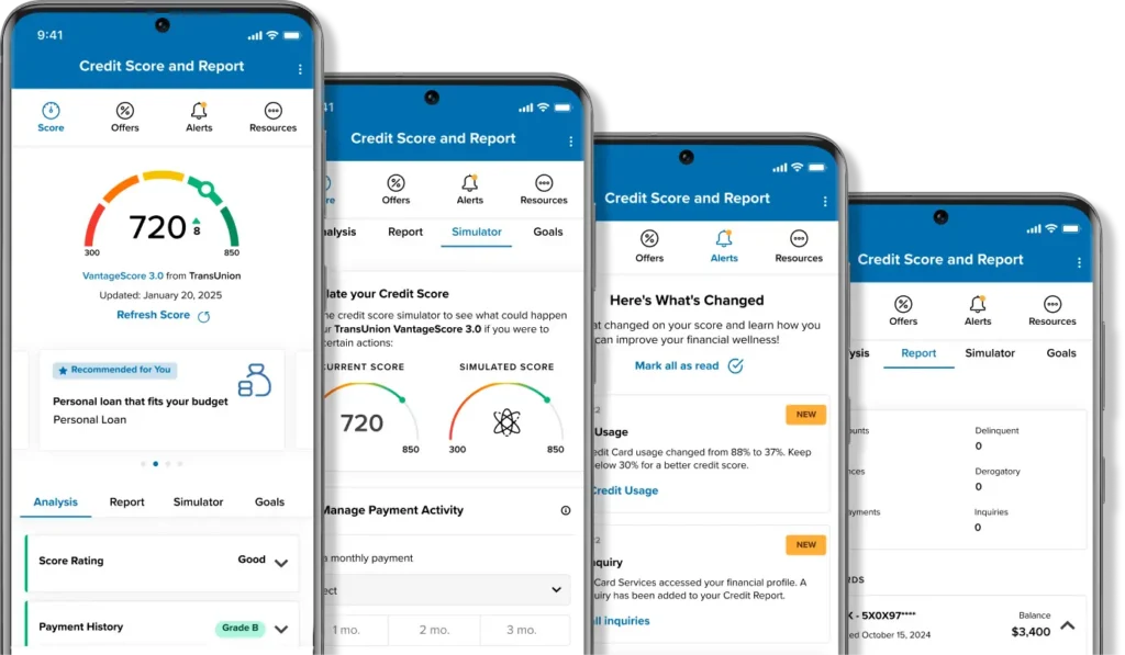 Four smartphone screenshots showing a credit score and report app interface, displaying a VantageScore of 720, credit score simulator, alerts about changes to credit usage, and account details including delinquent accounts, derogatory marks, and inquiries.