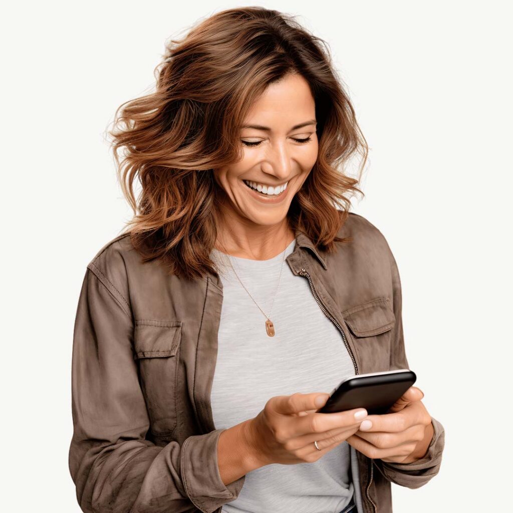 A woman with wavy brown hair wearing a tan jacket over a white shirt smiles while looking at a smartphone she holds in both hands.