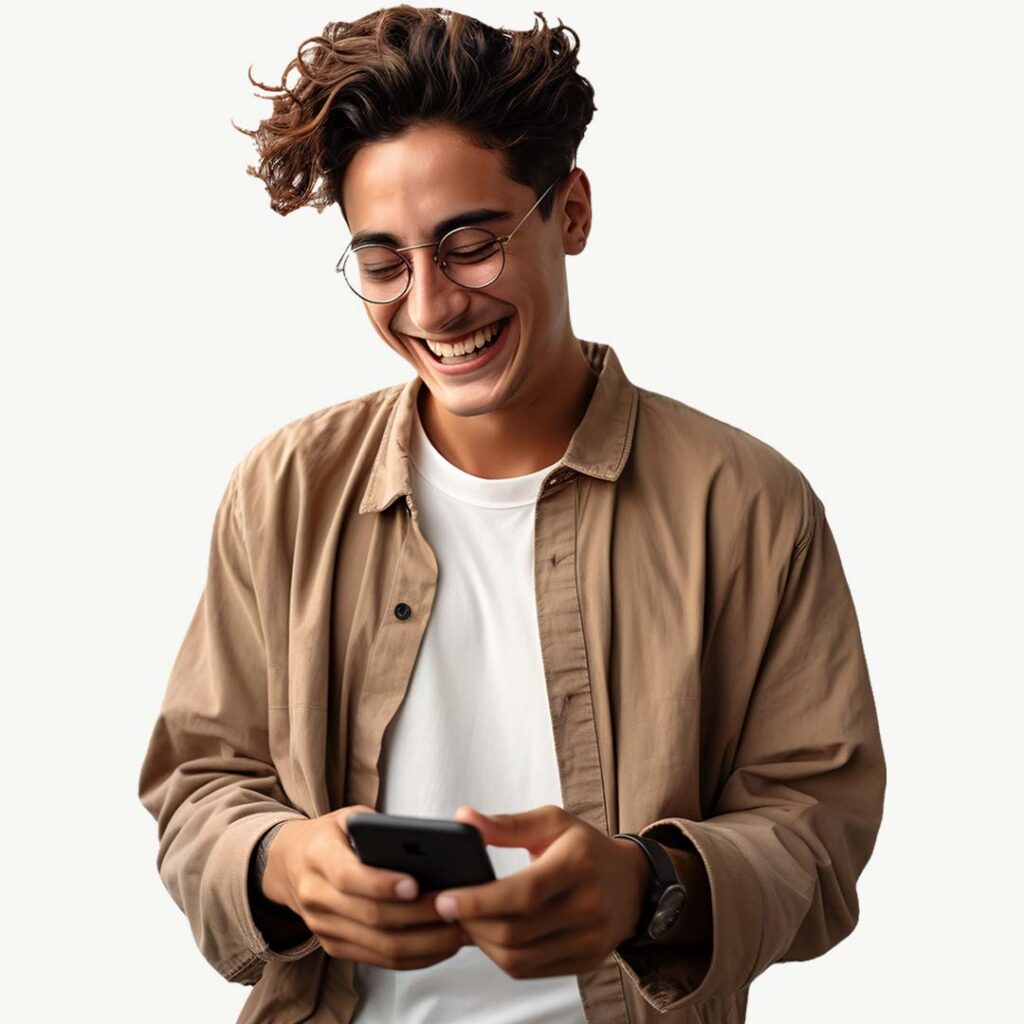 A smiling young man wearing round glasses and a tan button-up shirt over a white t-shirt, looking down at a smartphone he's holding.