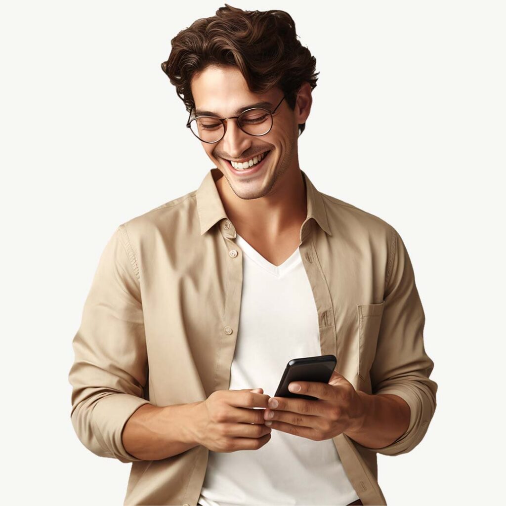 A smiling man wearing glasses, a beige button-up shirt, and white v-neck shirt, looking down at a smartphone he's holding with both hands against a white background.