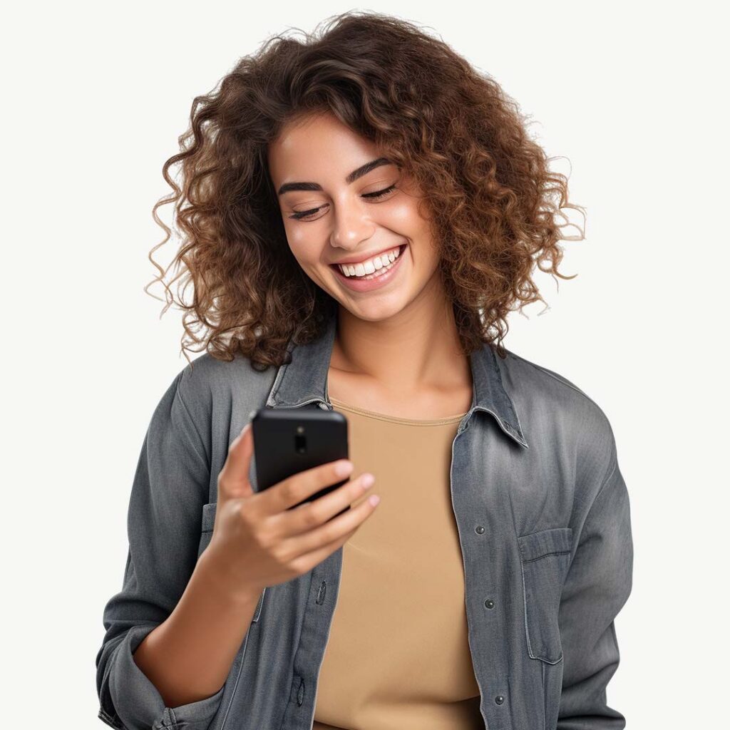 A smiling woman with curly brown hair wearing a gray button-up shirt over a tan top, looking down at a smartphone she's holding in her hand against a white background.
