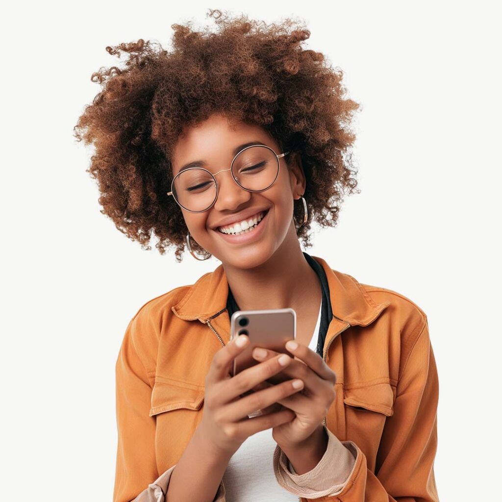 A smiling young woman with curly brown hair wearing round glasses and an orange jacket, holding and looking at a smartphone against a white background.