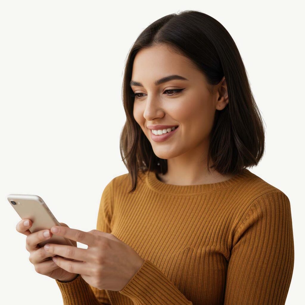 Young woman in mustard yellow ribbed sweater smiling while looking at smartphone against white background