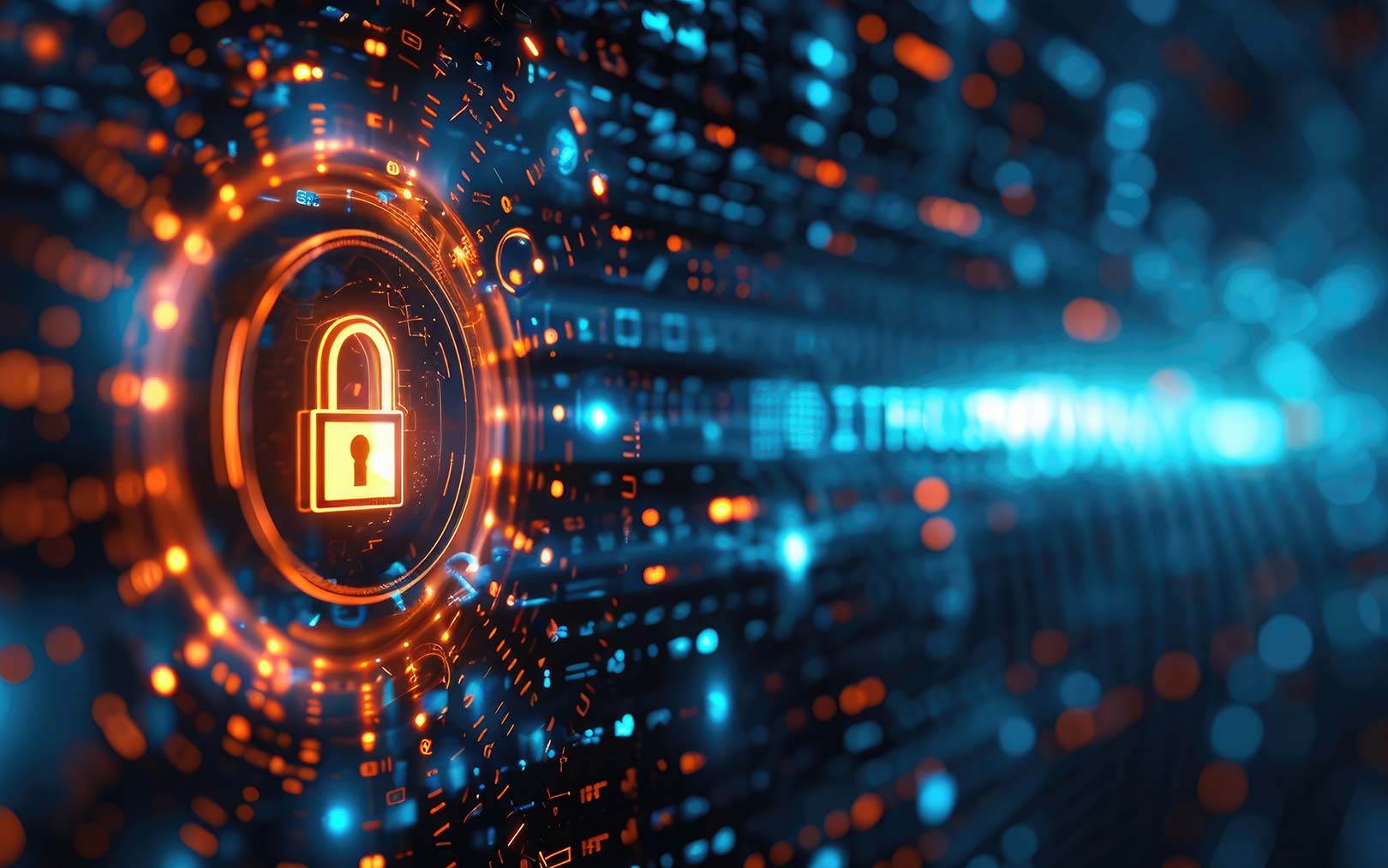 Digital padlock with glowing orange and blue neon lights on a dark background with binary code and data streams, representing cybersecurity and data protection.