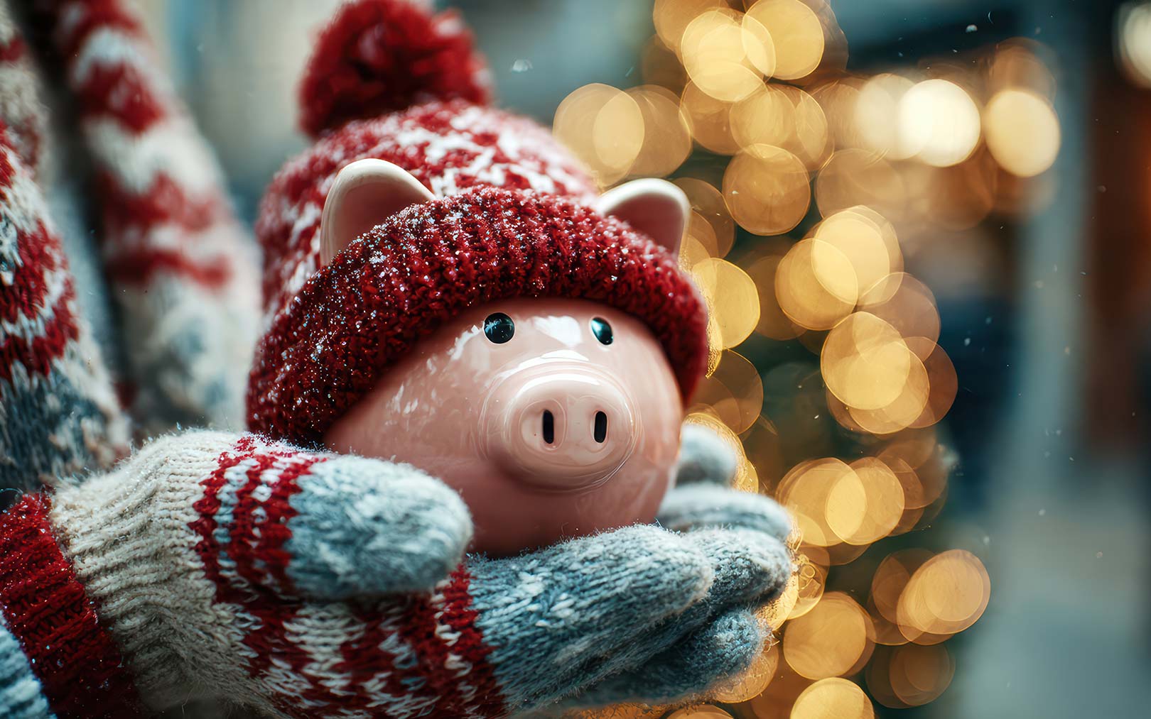 A pink piggy bank wearing a red and white knit hat, held by gloved hands in front of warm golden bokeh lights during winter or holiday season.