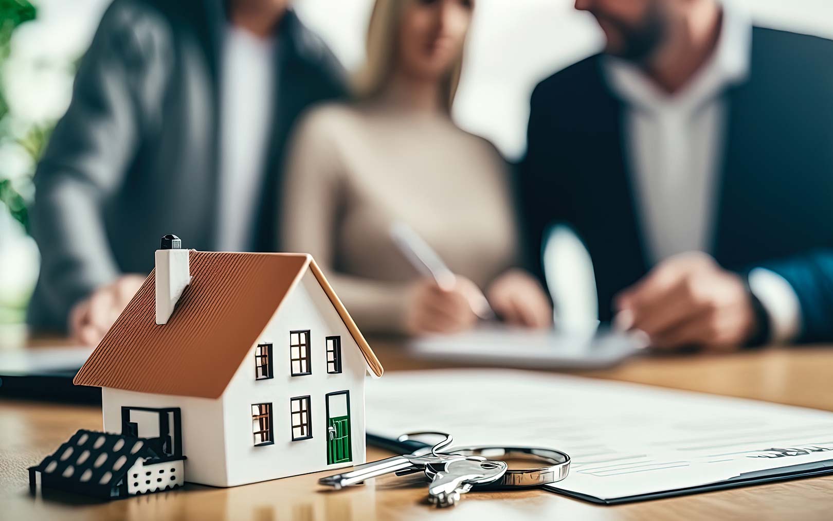 A miniature house model with keys and architectural plans on a wooden table, with blurred business professionals in the background discussing real estate or property matters.