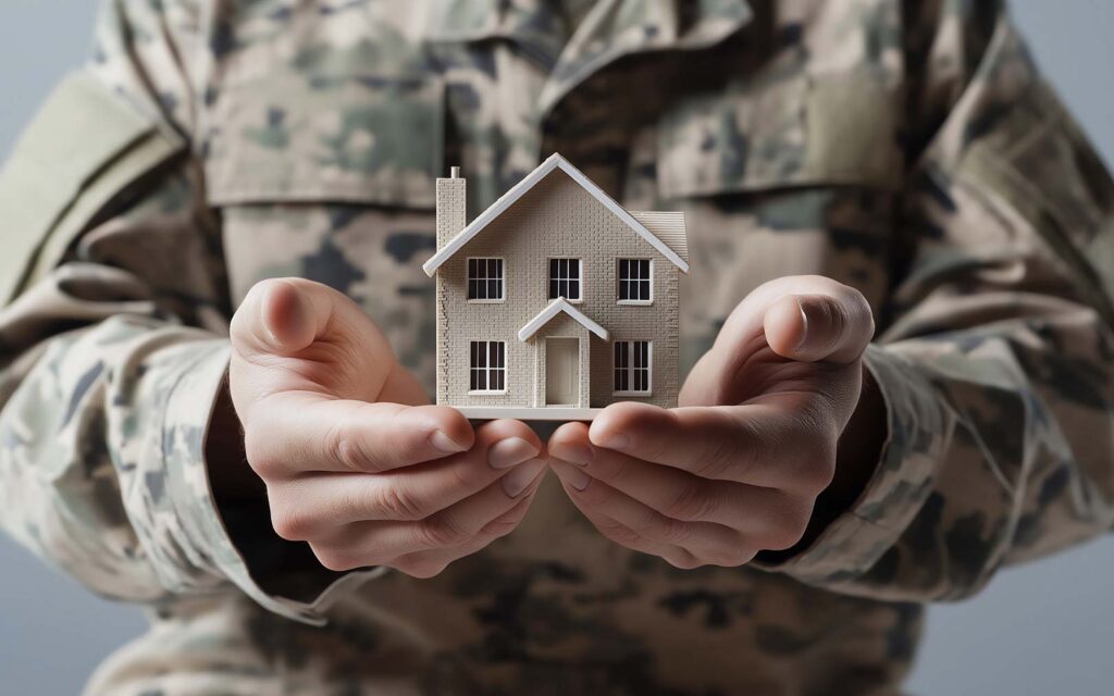 A person in camouflage clothing holds a small model house in their cupped hands against a blurred background.