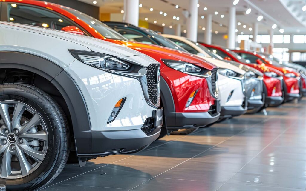 Row of new vehicles displayed in a modern automotive showroom with white ceiling lights, featuring a white SUV in the foreground and red and gray vehicles lined up behind it.