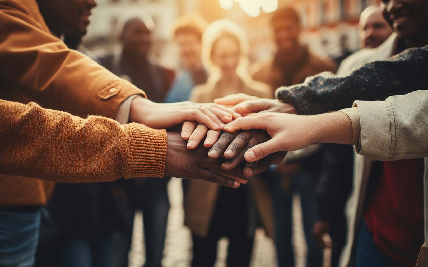 A diverse group of people stacking their hands together in a gesture of unity, teamwork, and solidarity, with warm lighting and blurred background figures.