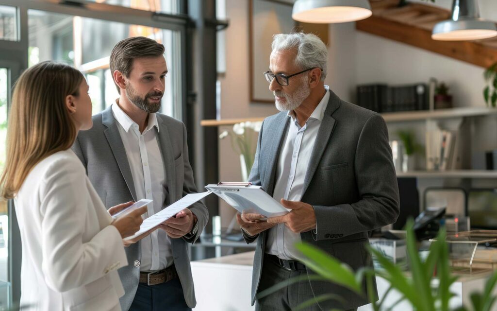Three business professionals in formal attire discussing documents in a modern office lobby with pendant lighting and plants.