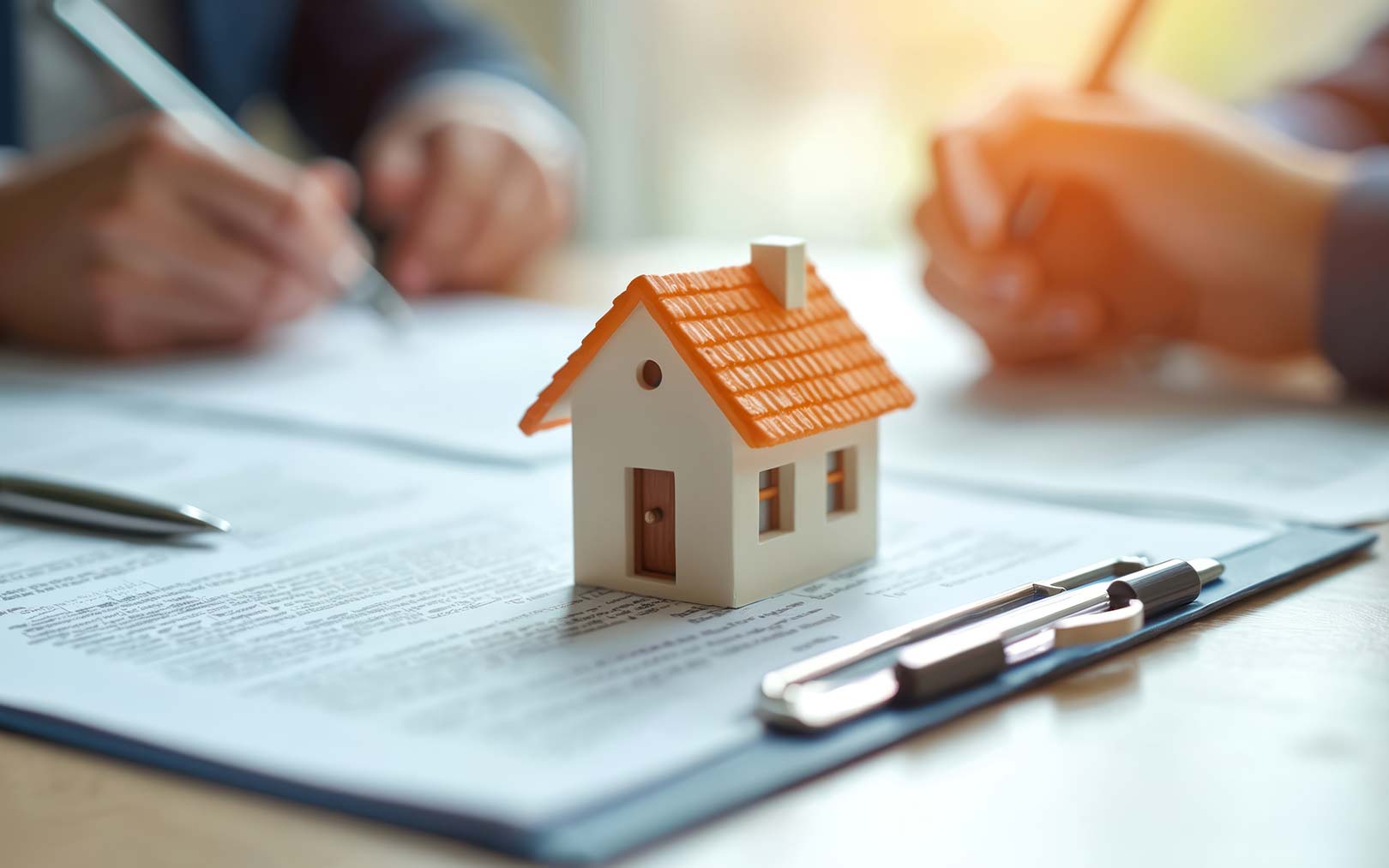 A miniature house model with an orange roof sits on real estate documents during a property discussion, with pens nearby and people reviewing paperwork in the background.