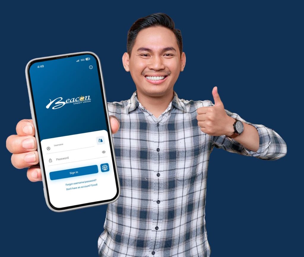 A smiling man in a plaid shirt giving a thumbs up while holding a smartphone displaying the Beach Credit Union login screen against a blue background.