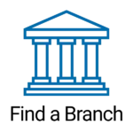 Blue classical bank building icon with three columns and triangular roof above text reading "Find a Branch"