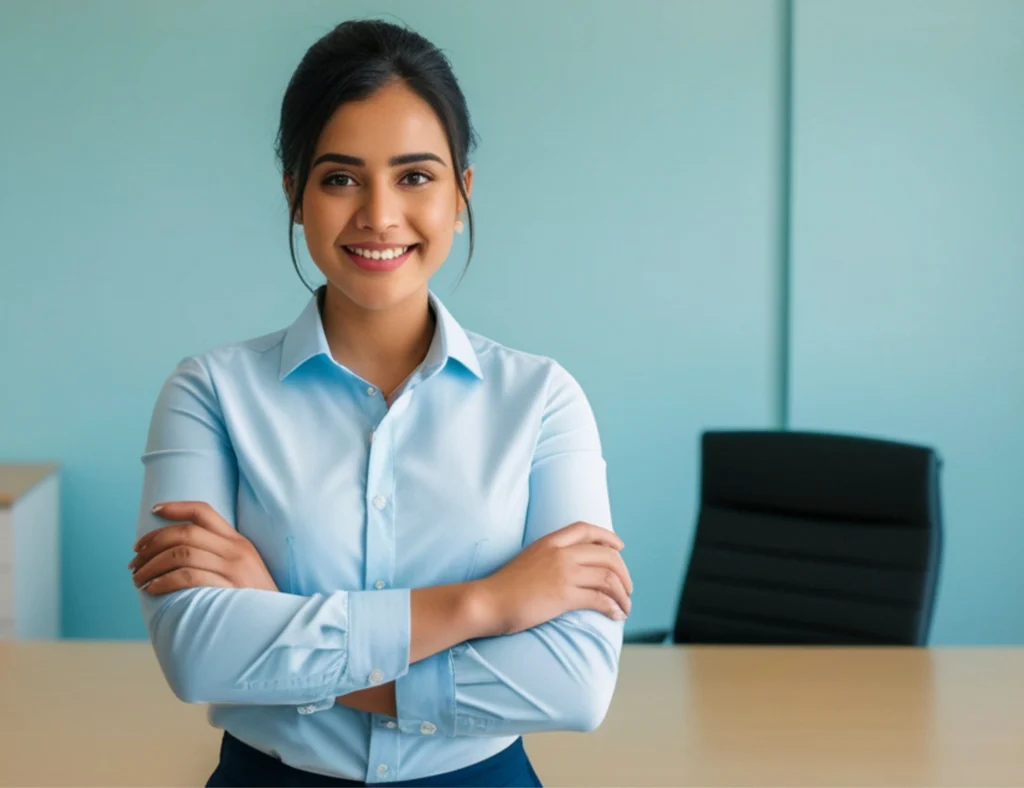 Professional woman in light blue shirt standing with crossed arms at office desk, smiling at camera with turquoise wall background.